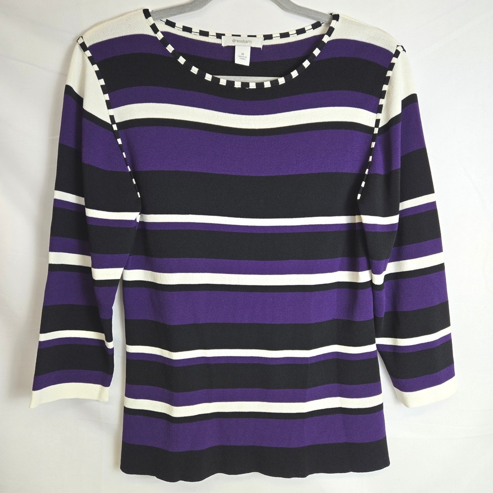 Dress Barn Striped 3/4 Sleeve Sweater Purple Black White Stretch Preppy Medium